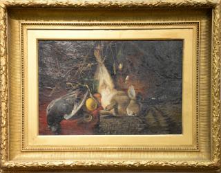 Appraisal: The Kill still life with rabbit and a jug oil