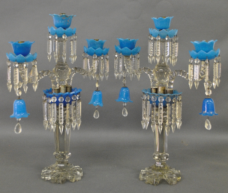 Appraisal: - Large pair of blue clear glass candelabras with drop