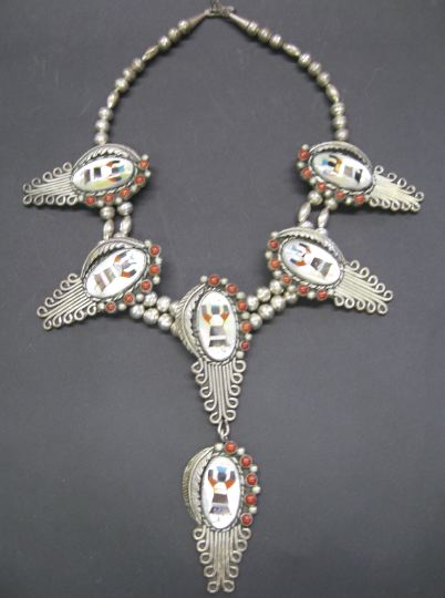 Appraisal: Vintage Zuni Silver-Inlaid Pendant Necklace the silver bead necklace with