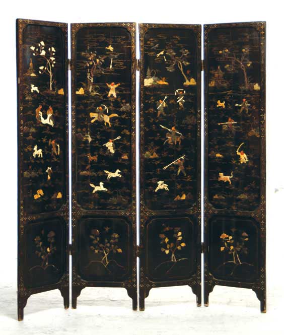 Appraisal: ANTIQUE CHINESE HARDSTONE SCREEN Antique Chinese four-panel hardstone appliqu d