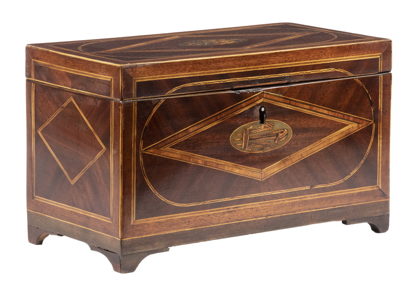 Appraisal: INLAID TEA CADDY th c English Mahogany Tea Caddy with