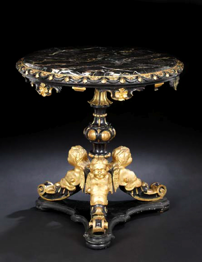 Appraisal: Italian Carved Black-Enameled and Parcel-Gilt Wood and Marble-Top Tripodal Circular