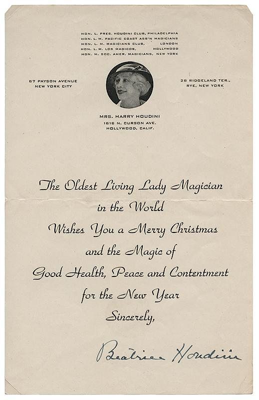 Appraisal: Christmas Card Signed by Bess Houdini to Betty Jane Kolar