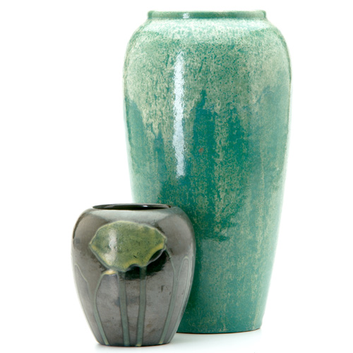 Appraisal: PAUL REVERE Two vases the taller in mottled green glaze