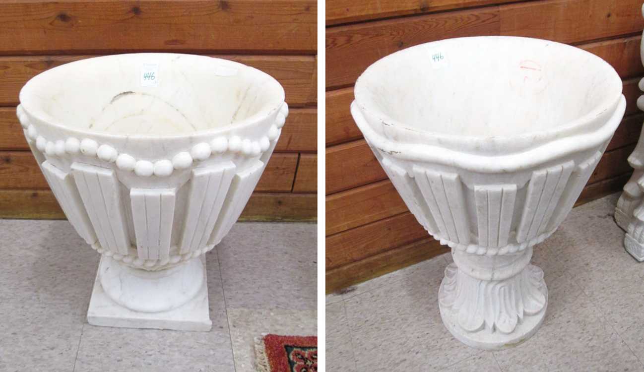 Appraisal: TWO SIMILAR SCULPTURED MARBLE PLANTERS round conical bowl forms each