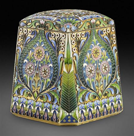 Appraisal: A Russian silver-gilt and shaded cloisonn enamel tea-caddy Pavel Ovchinnikov