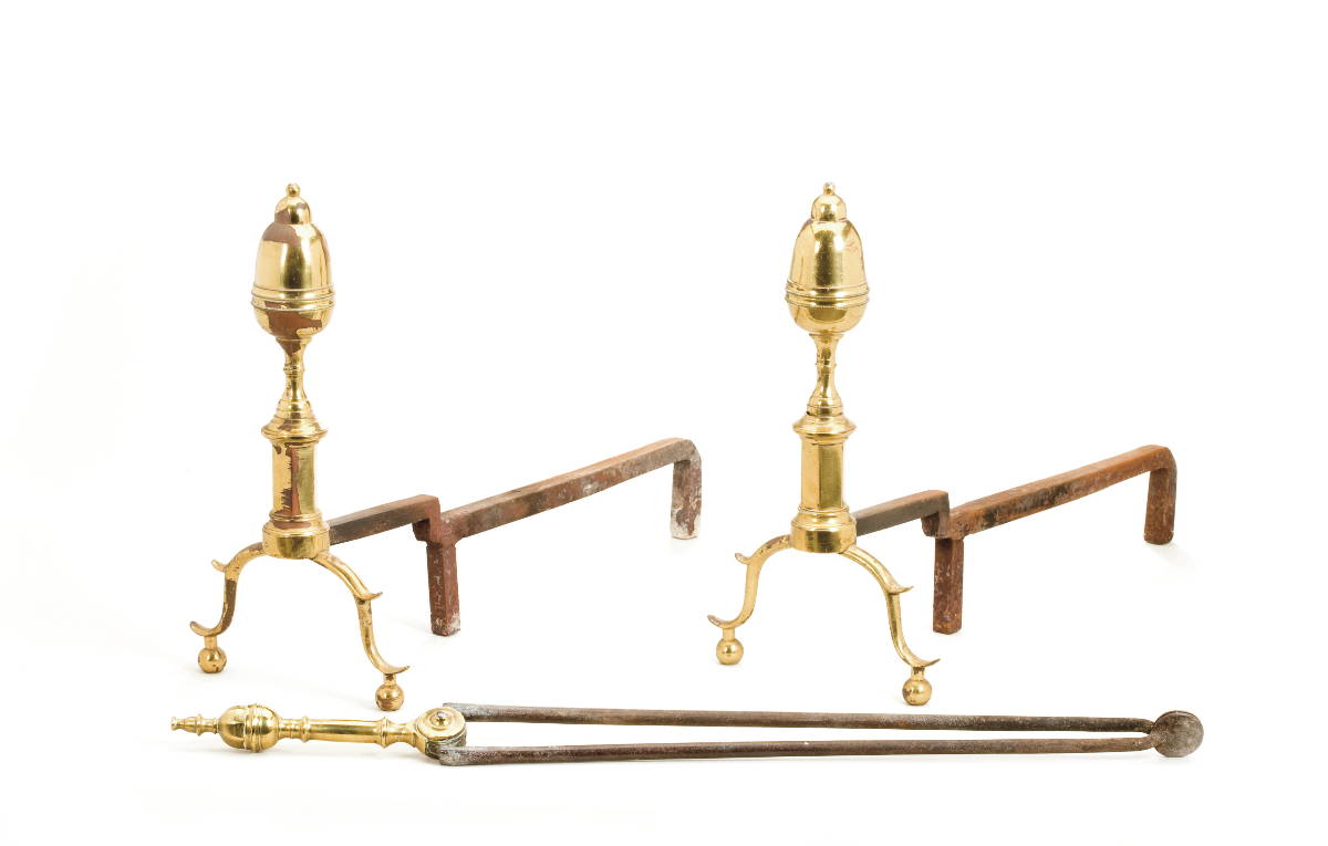 Appraisal: PAIR OF NEW YORK BRASS ACORN-TOP ANDIRONS WITH SPURRED CABRIOLE