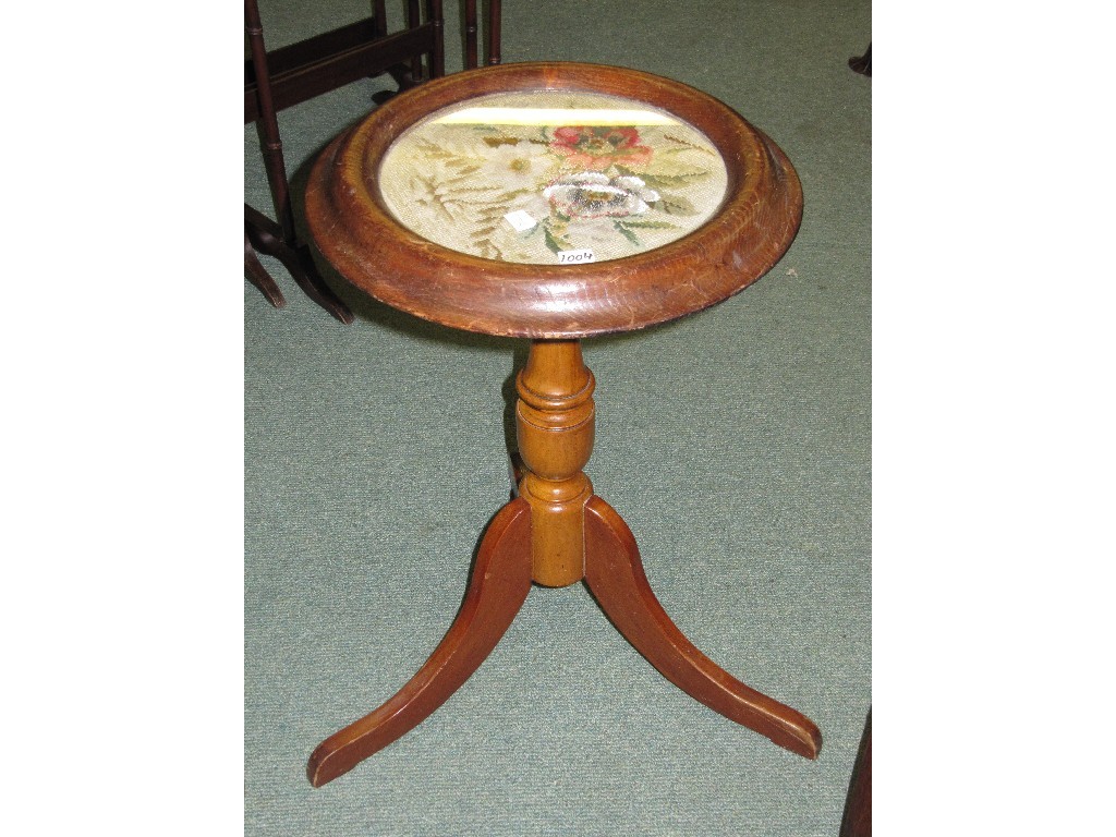 Appraisal: Occasional table with floral embroidered top on tripod base