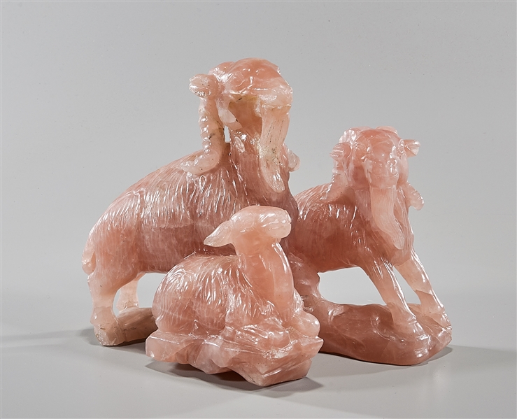 Appraisal: Chinese carved rose quartz group of two rams with calf