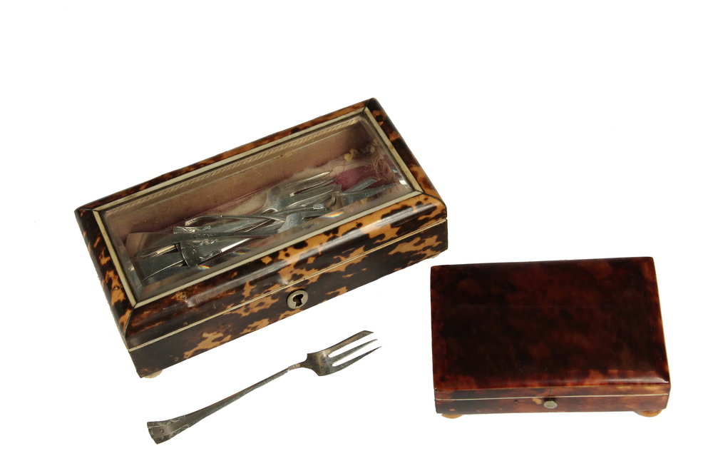 Appraisal: TORTOISESHELL BOXES ONE WITH STERLING FORKS - th c English