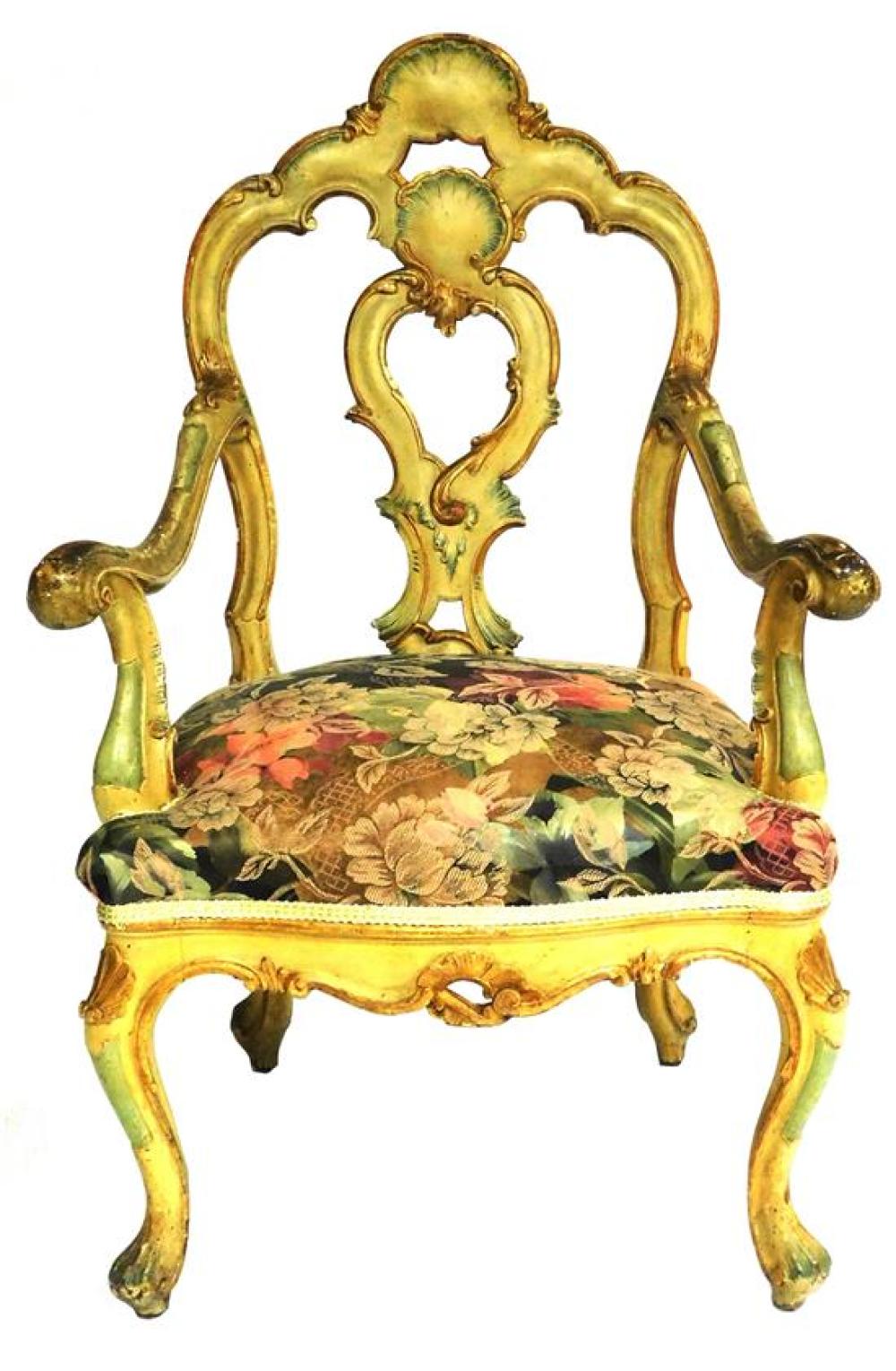 Appraisal: French style armchair c painted ivory finish with gilt and