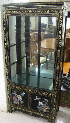 Appraisal: CHINESE CURIO DISPLAY CABINET ON CABINET with overall black lacquer