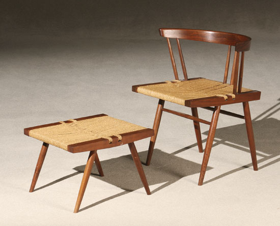 Appraisal: George Nakashima Walnut Grass-Seated Chair and Stool Circa - Each