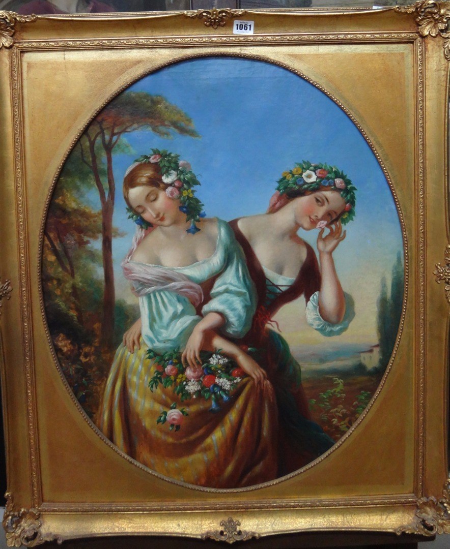 Appraisal: Joseph Bouvier fl - Flower maidens oil on canvas oval