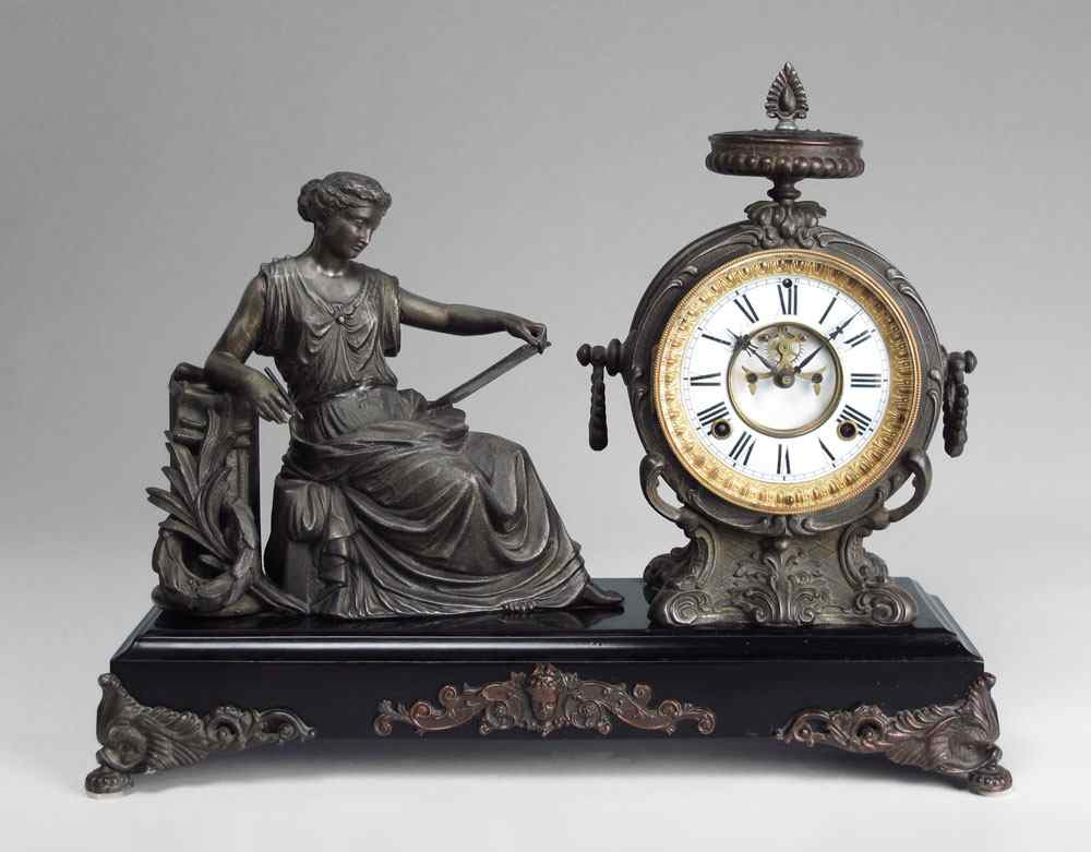 Appraisal: ANSONIA FIGURAL MANTLE CLOCK Spelter figural seated maiden with performing