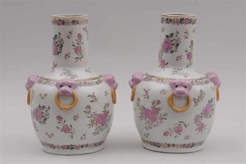 Appraisal: PAIR OF CHINESE FAMILLE ROSE STYLE BOTTLE VASES With iron