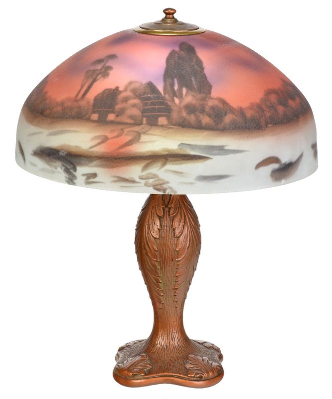 Appraisal: Reversed Painted Glass Shade with Bronze Lamp American early th