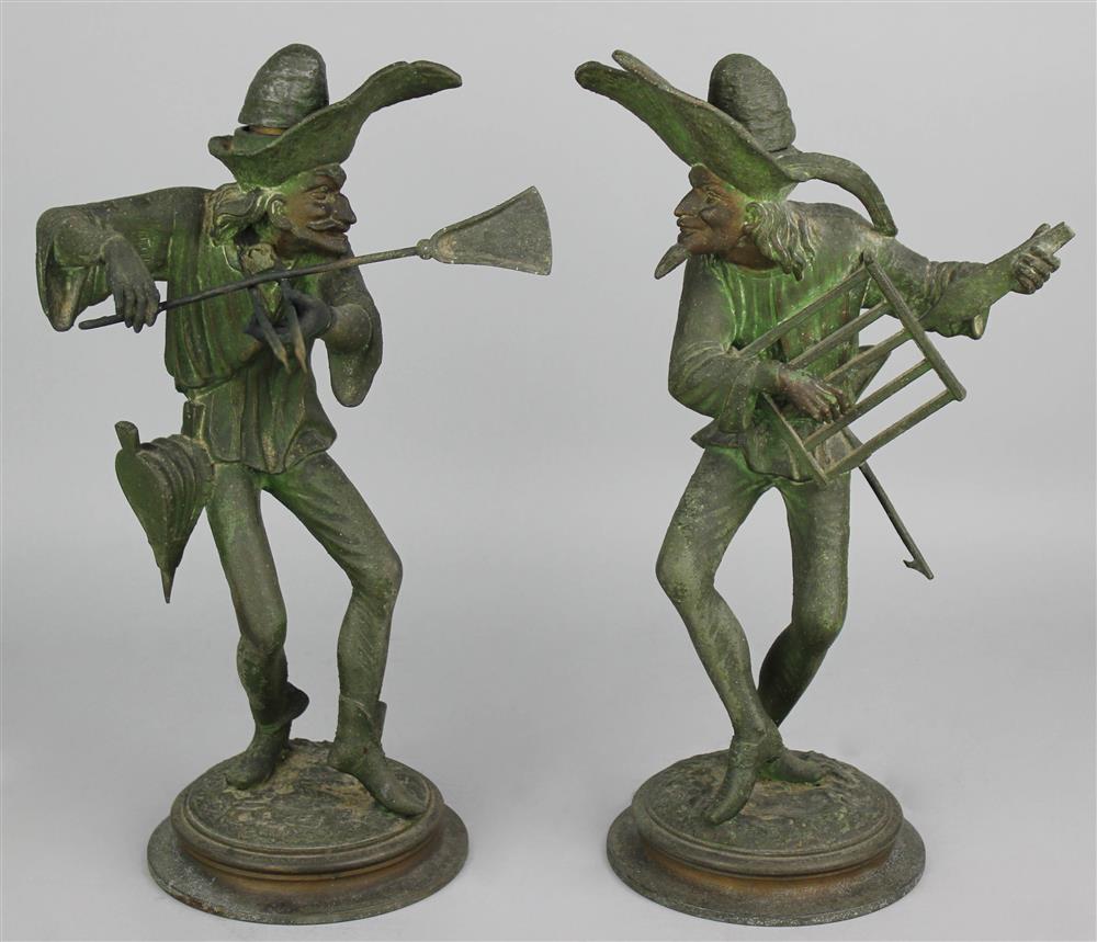 Appraisal: PAIR OF CONTINENTAL PATINATED METAL UNUSUAL FIGURAL CANDLESTICKS th Century