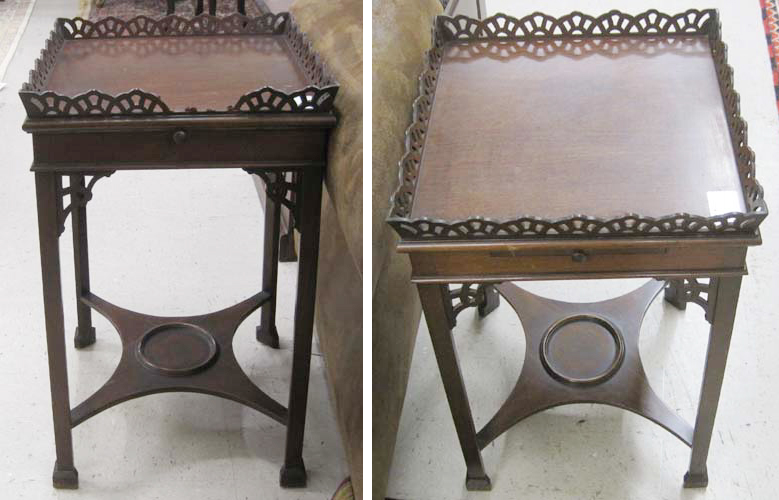 Appraisal: A PAIR OF CHIPPENDALE STYLE MAHOGANY LAMP TABLES American mid-