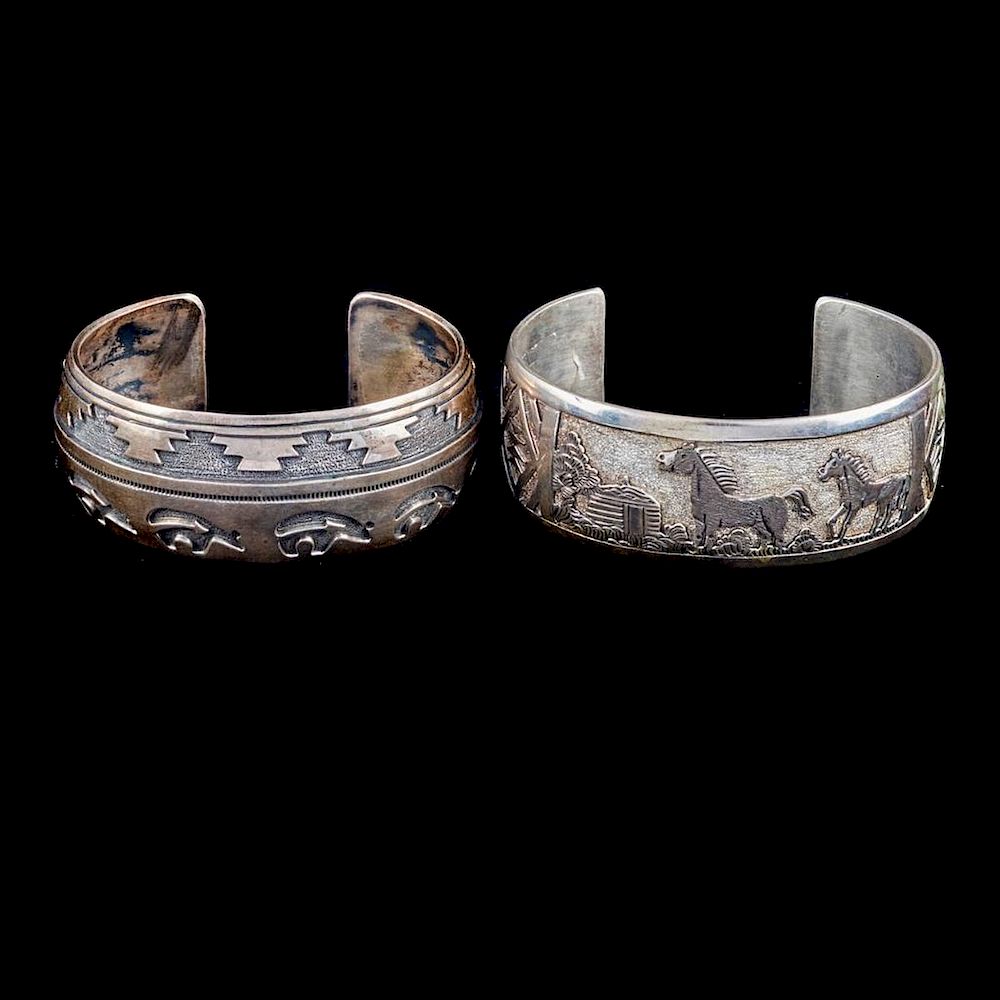 Appraisal: NAVAJO CUFF BRACELETS Two old pawn silver cuff bracelets Largest