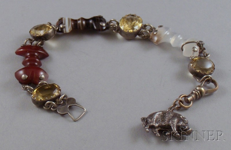 Appraisal: Agate and Citrine Link Bracelet with Sterling Silver Boar-form Fob