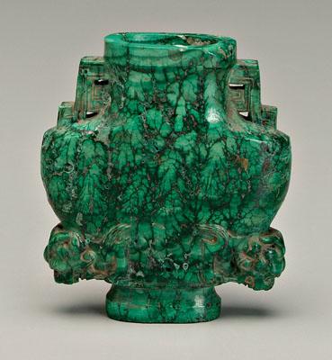 Appraisal: Chinese malachite vessel flattened baluster form base with head and