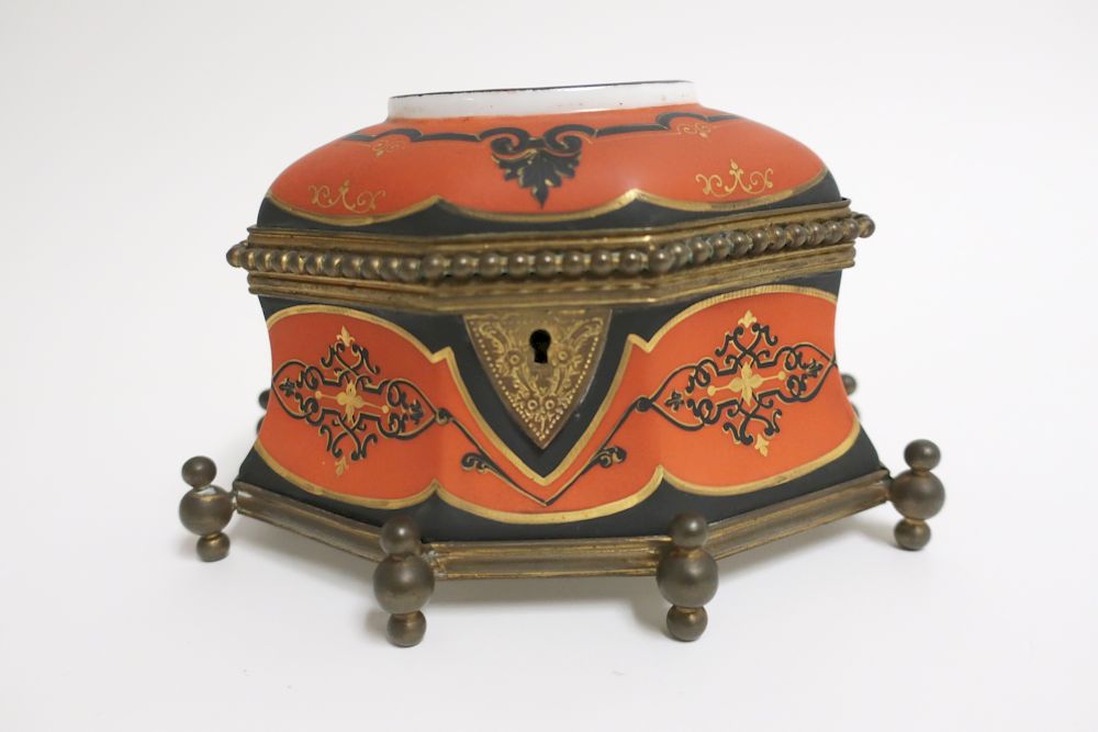 Appraisal: th c Renaissance Revival Porcelain Brass Casket handpainted with classical