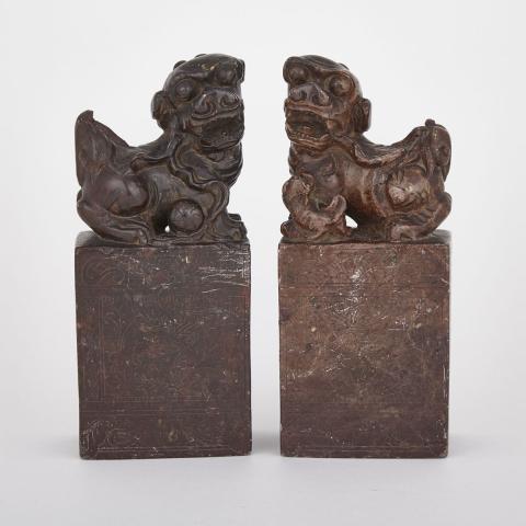 Appraisal: Two Soapstone Fu-Dog Seals th Century Condition bases have been