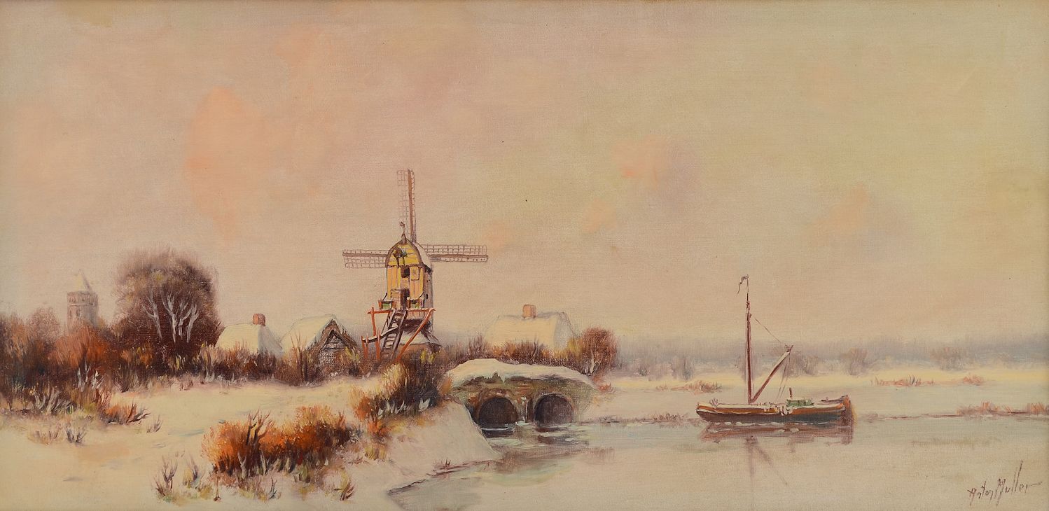 Appraisal: MULLER Anton Dutch - Dutch Winter Harbor Scene with Windmill