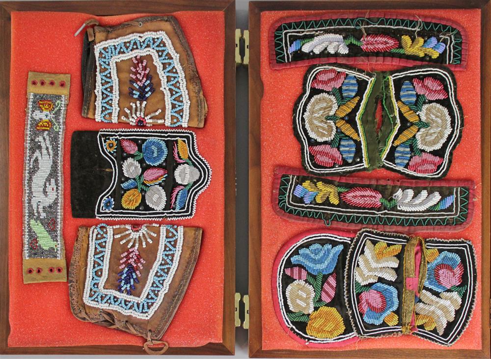 Appraisal: BEADED CLOTH BAGS AND CLOTHING ADORNMENTS grouped in two display