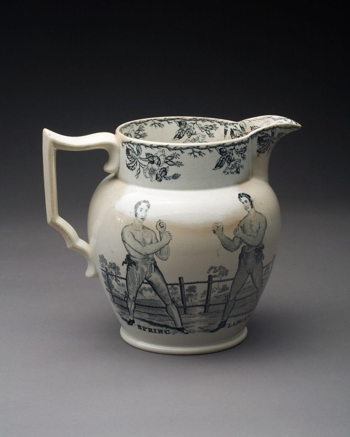 Appraisal: SPRING LANGAN STAFFORDSHIRE PEARLWARE BLACK TRANSFER-PRINTED JUG EARLY NINETEENTH CENTURY