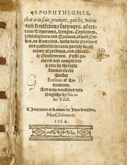 Appraisal: vol Erasmus Desiderius Apophthegmes that is to saie prompte quicke