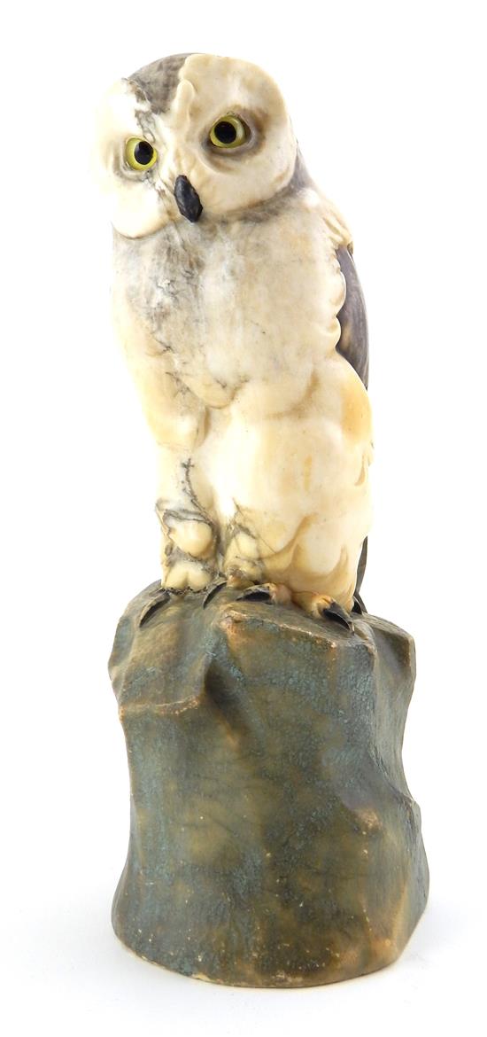 Appraisal: th C carved and polished hardstone owl sculpture on pedestal