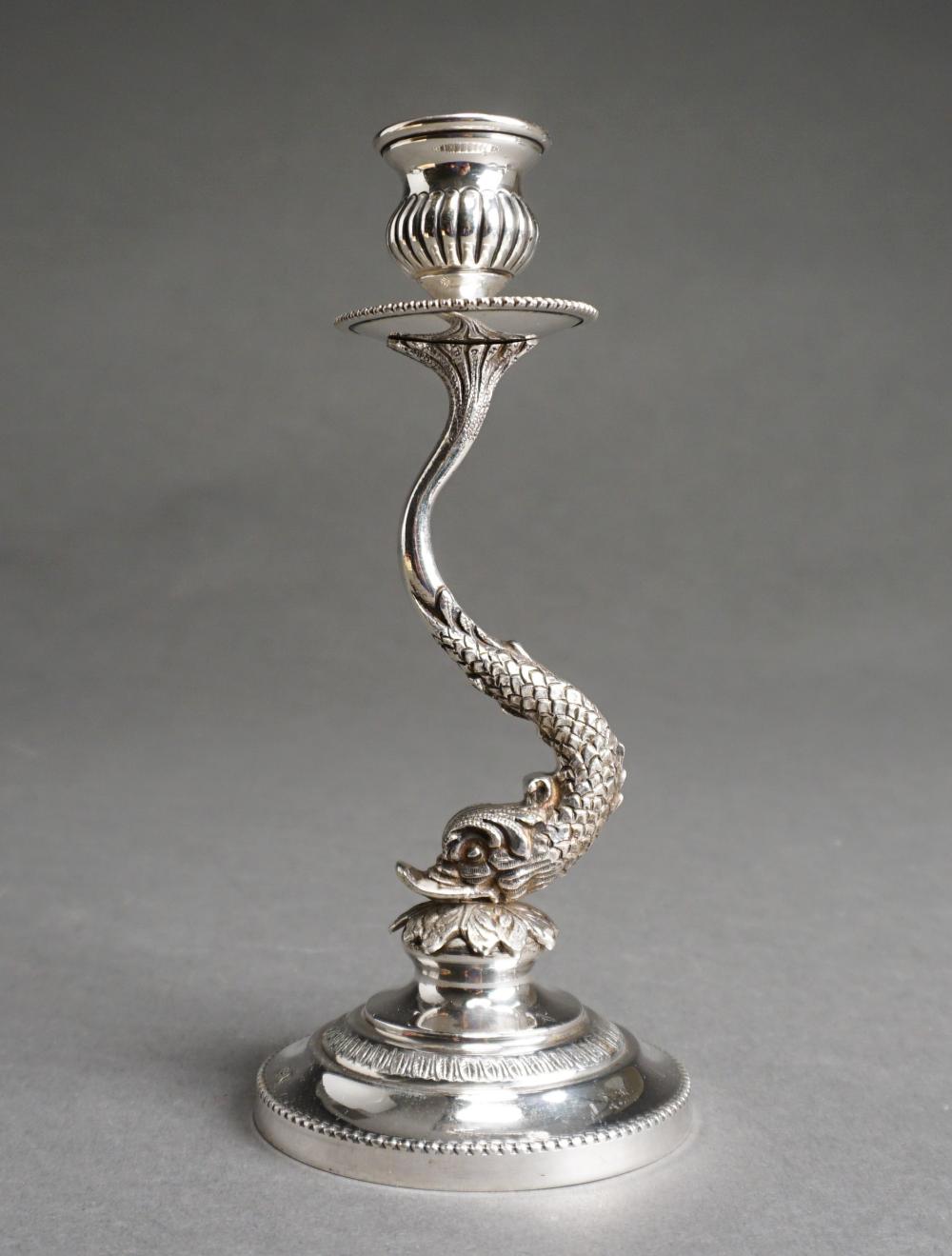 Appraisal: GERMAN STERLING SILVER DOLPHIN-FORM CANDLESTICK H IN CM OZTGerman Sterling