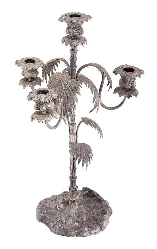 Appraisal: A Silvered Metal Four-Light Palm Tree Candelabrum Height inches A