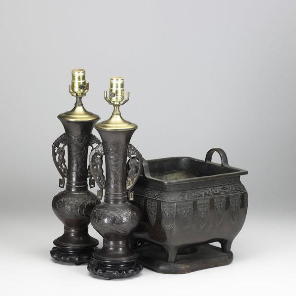 Appraisal: JAPANESE BRONZE Three items a pair of urns converted to