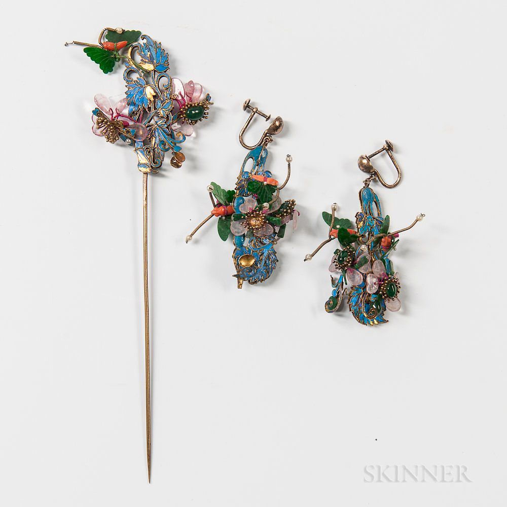 Appraisal: Ornamental Kingfisher Hairpin and Earrings Ornamental Kingfisher Hairpin and Earrings