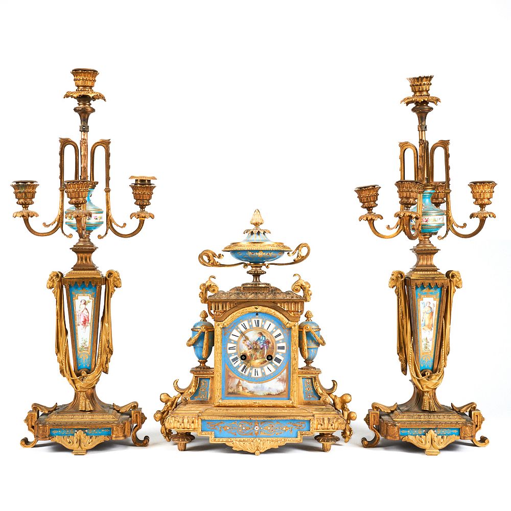 Appraisal: th C French Neoclassical Gilt Porcelain Clock Garniture Set th