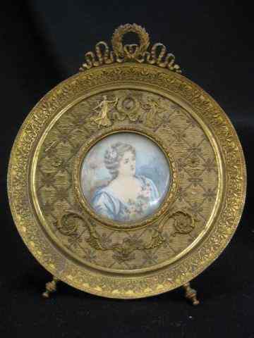 Appraisal: French Miniature Painting on Ivoryin fancy bronze dore silk frame