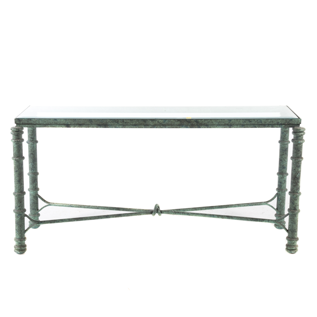 Appraisal: Contemporary verdigris metal glass top console in H x in