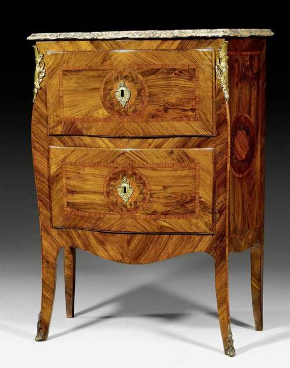 Appraisal: SMALL COMMODE Louis XV Naples circa Tulipwood and rosewood in