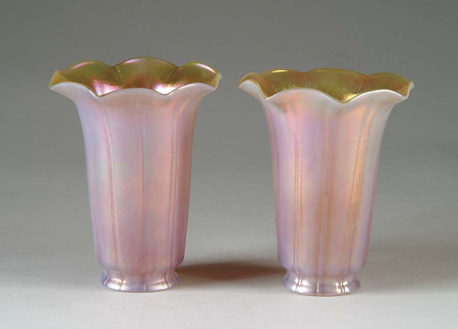 Appraisal: PAIR OF LUNDBERG ART GLASS SHADES Vertically ribbed trumpet shaped