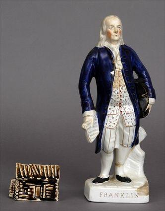 Appraisal: STAFFORDSHIRE FIGURE OF BENJAMIN FRANKLIN AND A LOG CABIN PENNY