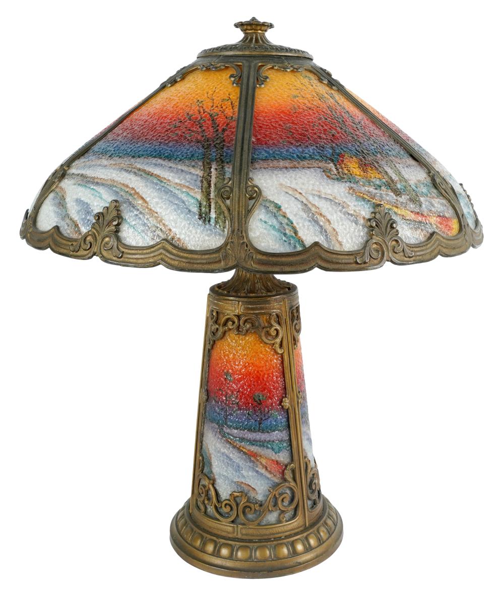 Appraisal: MILLER PHOENIX TABLE LAMPcirca - gilt metal and reverse-painted textured