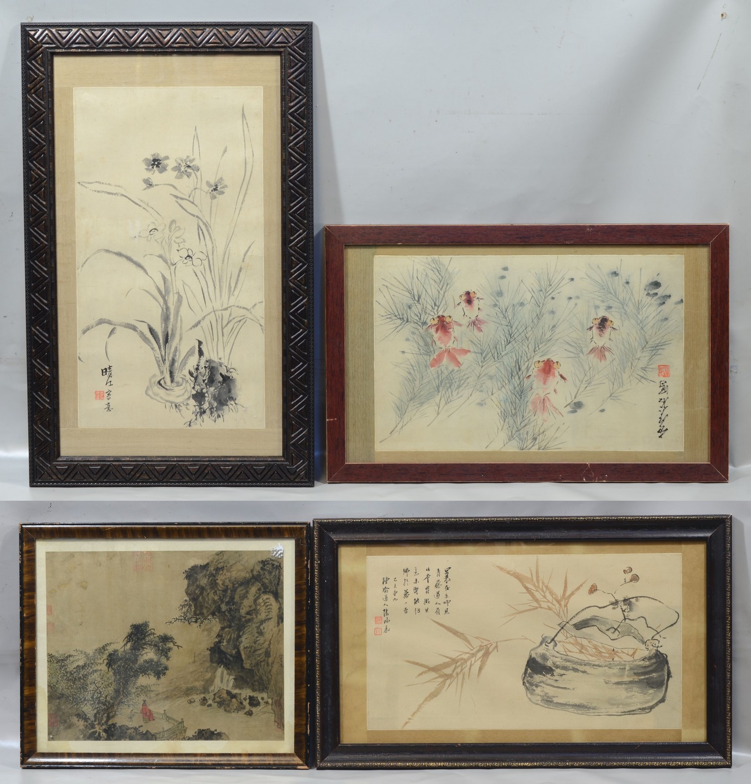 Appraisal: Four Chinese watercolors goldfish with calligraphy and stamp basket with