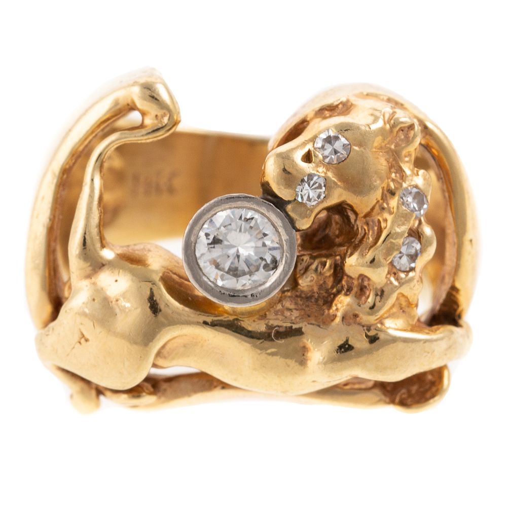 Appraisal: A Handmade Lion Ring with Brilliant Cut Diamond K yellow