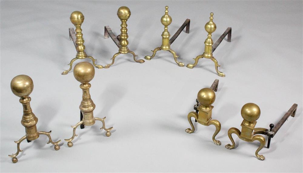 Appraisal: FOUR PAIRS OF AMERICAN BRASS ANDIRONS th and Centuries the