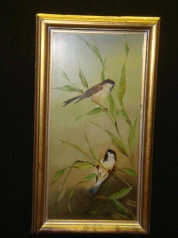 Appraisal: METTLACH Porcelain Plaque of Birds in Gold Leaf Frame Signed