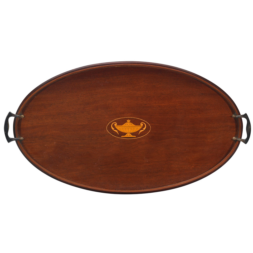 Appraisal: Edwardian Sheraton Style Inlaid Mahogany Oval Tea Tray with Silvered