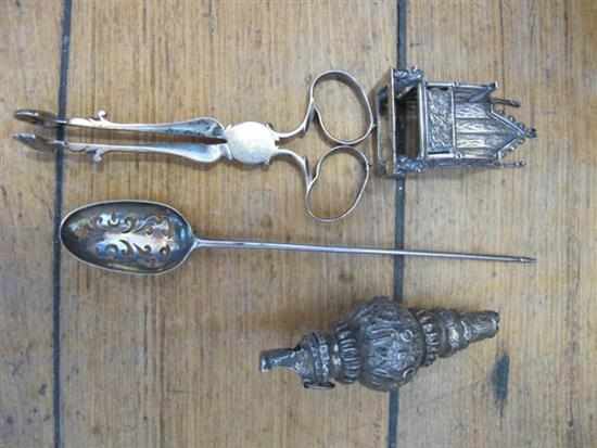 Appraisal: STERLING SILVER TONGS MINIATURE GOTHIC THRONE SPOON AND WHISTLE